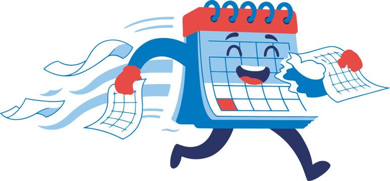 Cartoon calendar character running, tearing off pages, symbolizing passing time.