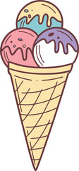 Vector illustration of a colorful ice cream cone with scoops and a waffle cone