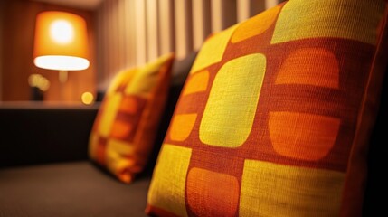 Warm, Retro-Inspired Pillows and Lamp in Cozy, Dimly Lit Room