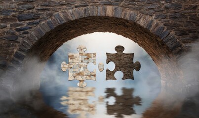 Two puzzle pieces, stone-like, floating under an arched stone bridge, mirroring in a misty river