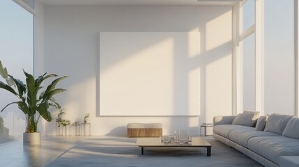 Modern living room interior with large blank canvas.