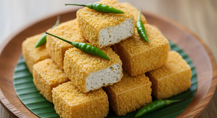 Delicious plate of golden-brown fried chicken nuggets and sweet Thai coconut dessert, perfect for a gourmet snack or meal