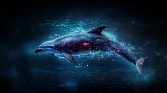 Digital dolphin swimming in glowing water of futuristic ocean cityscape with vibrant blue light and glowing circuit patterns underwater