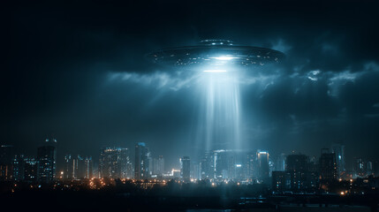 Fototapeta premium Futuristic UFO hovers silently above the nighttime cityscape, casting a focused beam of light onto the ground below.