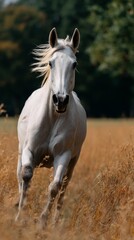 Obraz premium Majestic white horse galloping through golden field (2)