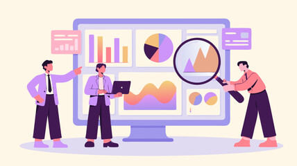 Modern Vector SVG Illustration of Data Analytics with Graphs and Magnifying Glass in Flat Design Style with Pastel Colors