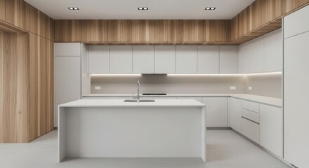 Bright, modern kitchen interior featuring white cabinetry, a central island, and wood paneling.