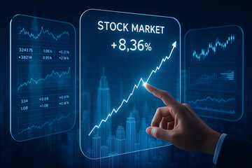 Digital stock market trend visualization with a hand pointing upwards on a graph representing financial growth and investment success.