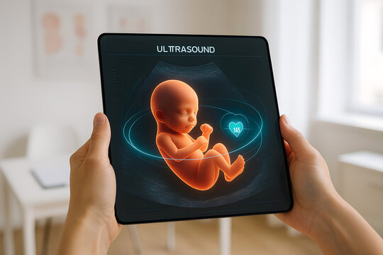 Digital ultrasound displaying fetus on tablet held in hands medical technology pregnancy healthcare expectation and prenatal care concept