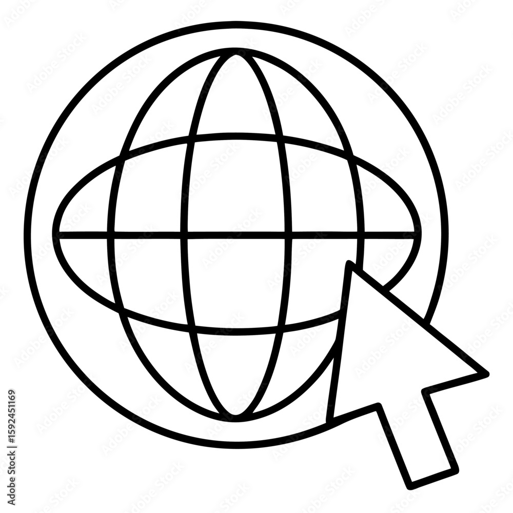 Poster minimalist globe and cursor icon in a single continuous line design
