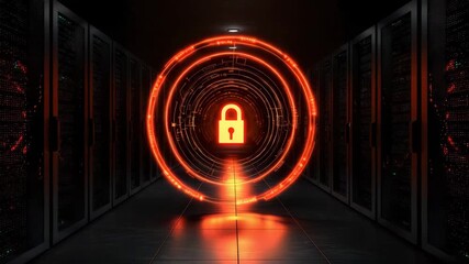 Digital security concept featuring glowing red lock symbol data center aisle and server room technology ensuring cybersecurity protection and data - Powered by Adobe