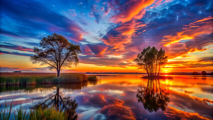 Naklejka premium Calm sunset over the river and lake, with beautiful sky reflection in the water