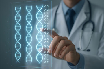 Doctor analyzing dna sequence data on a modern digital interface representing advancements in genomic research and healthcare innovation