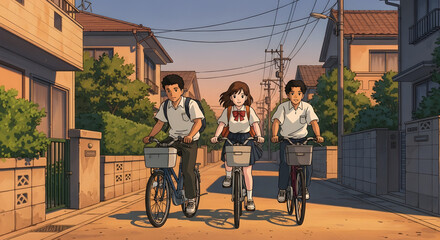 Obraz premium Evening Bike Ride – Teenagers Enjoying the Calm Neighborhood