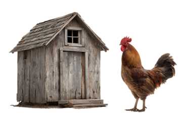 Rooster by rustic coop