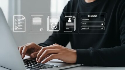 A person registers for an online service by typing into a laptop with digital forms displayed - Powered by Adobe
