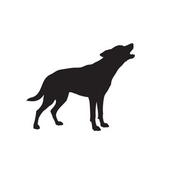 Black silhouette of a howling wolf standing on a white background illustration