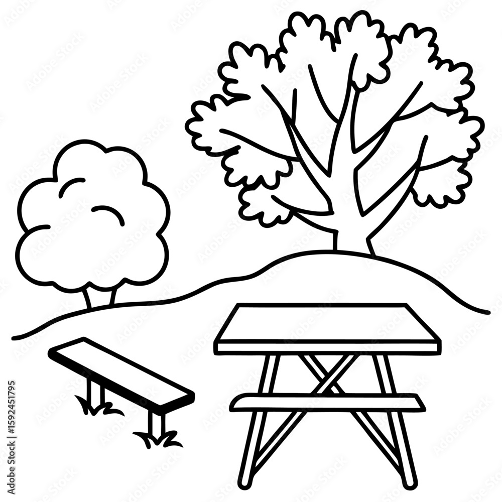 Poster minimalist line art of a picnic table and a tree in a single continuous stroke