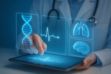 Doctor analyzing medical data on a tablet digital interface representing human anatomy and healthcare technology concepts