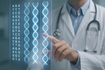 Doctor interacting with futuristic dna strand visualization in medical laboratory representing genomics research and healthcare advancements