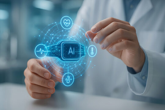 Doctor holding futuristic smartwatch displaying ai powered health monitoring technologies of the future
