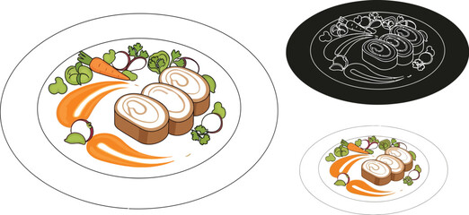 Delicious roulade slices are presented on a plate with vibrant carrot, radish, and sauce accents, creating an appetizing food illustration perfect for culinary themes.