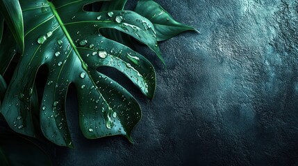 Lush Monstera Leaf with Water Droplets on Textured Dark Background
