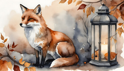 Watercolor illustration of a fox beside a lantern, autumn leaves, serene nature scene and copy space