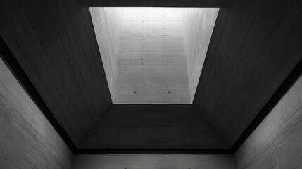 A monochrome concrete interior with clean lines and geometric shadows, illuminated by natural skylight.

