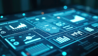 A futuristic dashboard showcases various data visualizations, including graphs and metrics. The interface is glowing, highlighting real-time analytics and information updates in a modern workspace