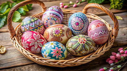 A basket brimming with colorful, traditional Easter eggs, perfect for spring celebration and decoration