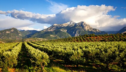 Picturesque olive groves with mountain backdrop