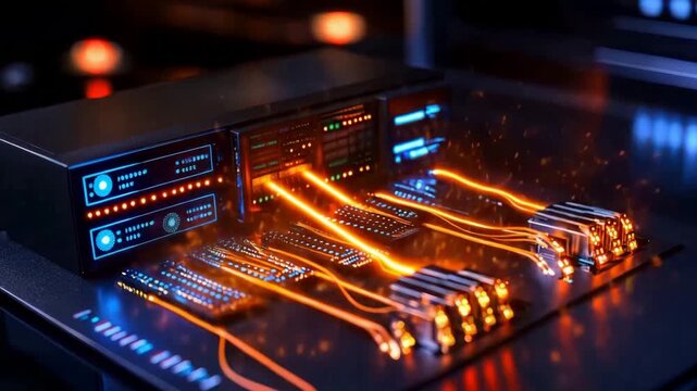 Futuristic computer hardware with glowing orange data cables and illuminated control panels showcasing advanced technology and quantum circuit boards