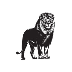 Majestic Black and White Lion Standing Confidently Silhouette Illustration for Print