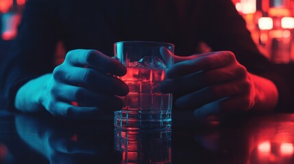 Neon Lit Whiskey: Man's Hands Holding Glass with Ice in Dark Bar