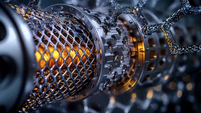 Jet engine turbine with glowing orange light, metal mesh mechanical part showcasing industrial technology and detailed futuristic engineering pattern