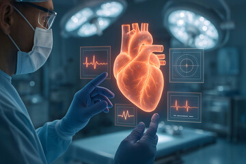 Medical professional analyzes a glowing holographic heart with digital readouts in a futuristic operating room setting demonstrating advanced cardiac technology