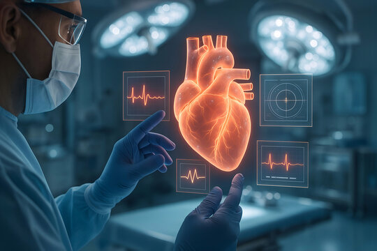 Medical professional analyzes a glowing holographic heart with digital readouts in a futuristic operating room setting demonstrating advanced cardiac technology