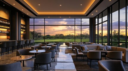 Luxurious Golf Club Bar Interior with Sunset View and Elegant Furnishings