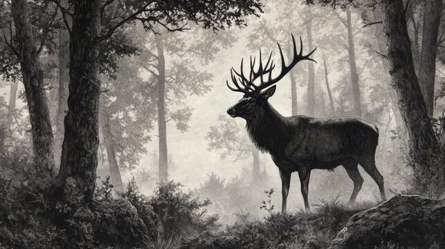Majestic stag standing in a misty forest, monochrome. - Powered by Adobe