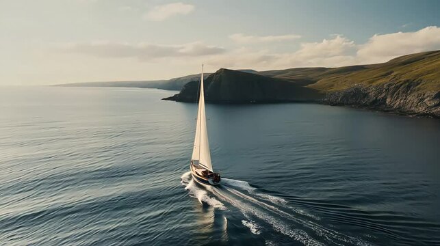 A tranquil summer scene unfolds as a sailboat glides across the glistening lake, its sail catching the gentle wind under a vast sky, embodying the essence  high quality cinematic videos footages