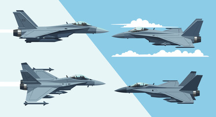 Modern military fighter jets in flight, depicted in a dynamic vector illustration against a clear blue sky with fluffy clouds, showcasing aerial power.