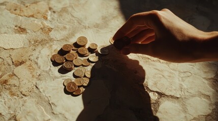 Hand Sorting Coins on Textured Surface in Sunlight