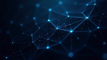 Bright blue nodes connected by lines create an intricate network design against a dark background, showcasing a sense of digital technology and modern connectivity