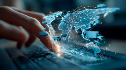 Businessperson interacting with a large holographic map filled with delivery trucks, containers, and transport routes. High-tech logistics interface in clean modern office.


