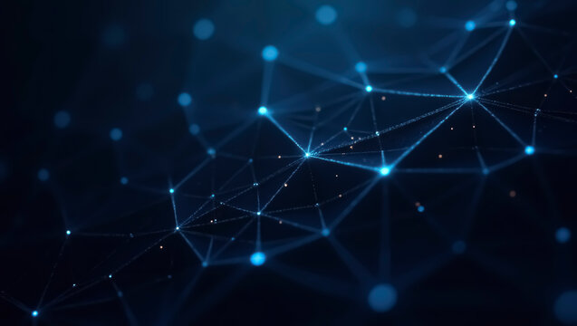 Bright blue nodes connected by lines create an intricate network design against a dark background, showcasing a sense of digital technology and modern connectivity