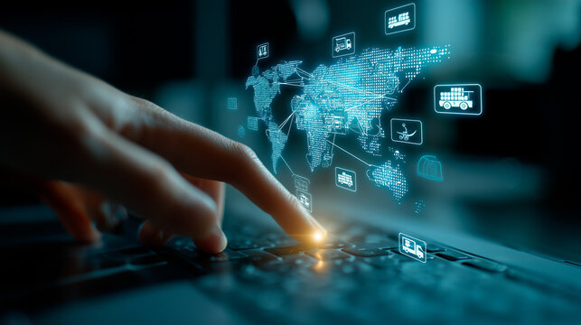 Businessperson interacting with a large holographic map filled with delivery trucks, containers, and transport routes. High-tech logistics interface in clean modern office.

