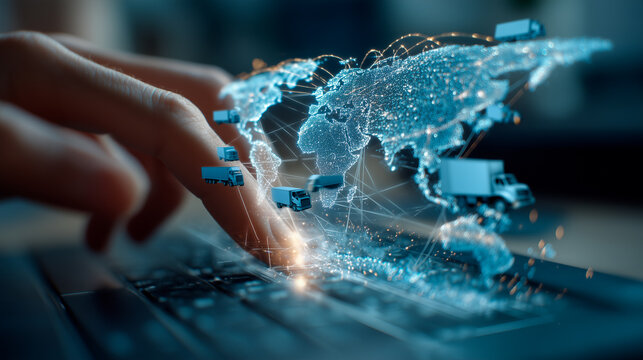 Businessperson interacting with a large holographic map filled with delivery trucks, containers, and transport routes. High-tech logistics interface in clean modern office.

