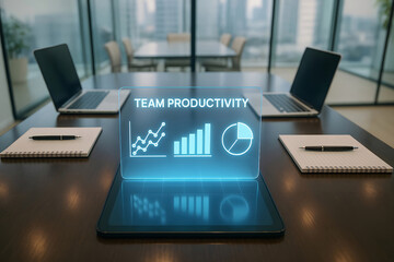 Modern corporate team productivity presentation with digital interface and data analysis in a contemporary office setting