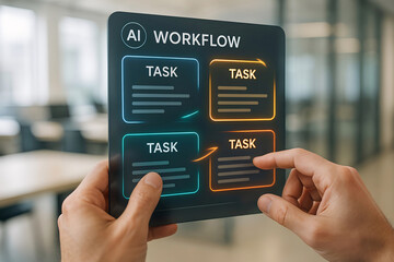 Person interacts with an ai powered workflow interface on a digital device depicting a task-oriented process with a focus on technology and future automation.